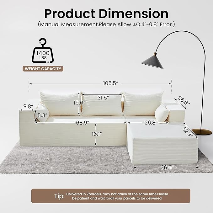 106" Cloud Sectional Boneless Couches for Living Room, Modular L Shaped Couch with Deep Seat Oversized Right Facing Chaise, Memory Foam Compressed Spineless 3 Seater Sofa for Apartment, Beige