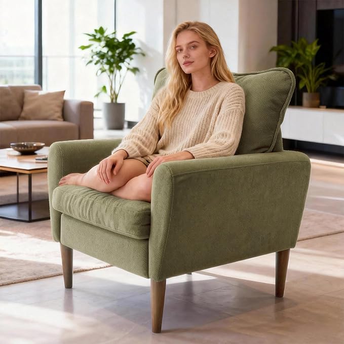OLIXIS Comfy Accent Chair for Living Room Bedroom and Waiting Room, Upholstered Mid-Century Reading Chair with Pillow and Solid Wood Legs, Wide Singe Modern Lounge Sofa (Green, 2 Pack)