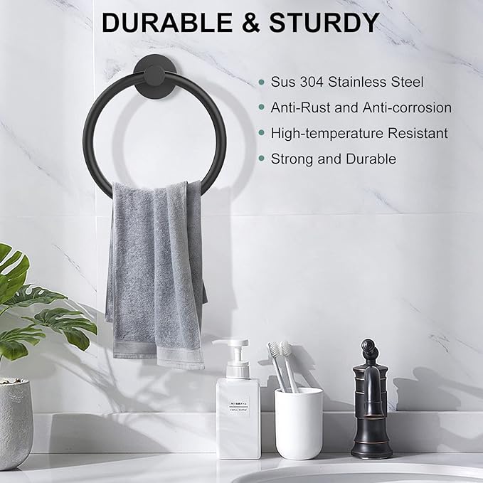 SetSail Towel Holder for Bathroom Wall Matte Black Towel Ring Stainless Steel Heavy Duty Hand Towel Hanger for Bath, Kitchen, 2 Pack