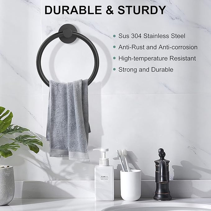 SetSail Towel Holder for Bathroom Wall Matte Black Towel Ring Stainless Steel Hand Towel Holder Heavy Duty Towel Hanger for Bathroom, 3 Packs