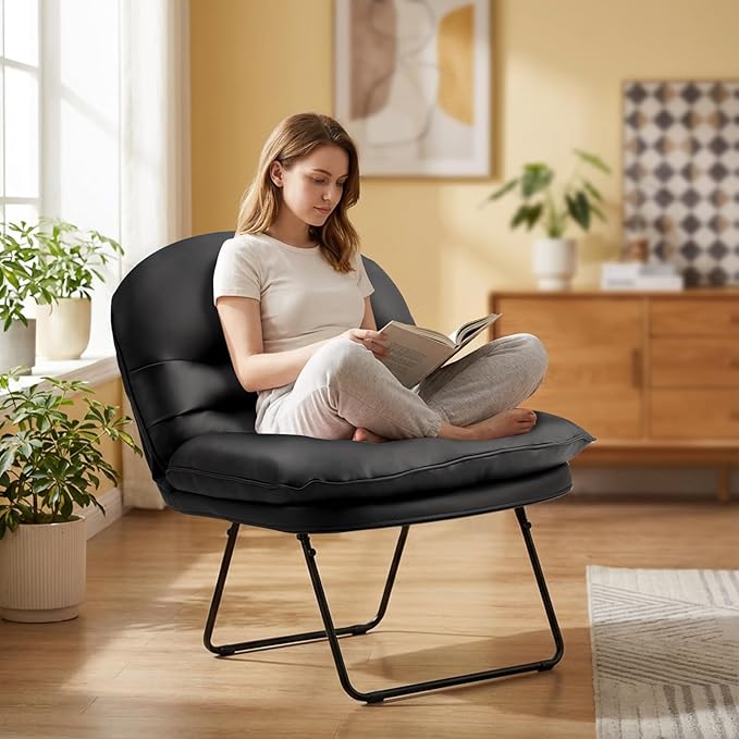 DUMOS Comfy Saucer Chair,PU Leather Foldable Chairs for Bedroom, Dorm & Gaming, Foldable Fashion Floor Chair with Back Support for Small Spaces, New Black
