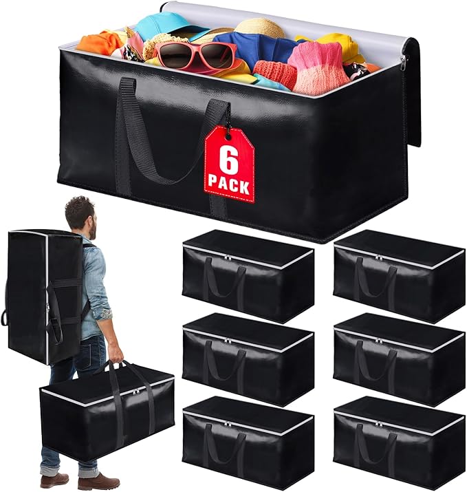 Heavy-Duty & Extra Capacity Moving Bags with Backpack Straps, Storage Totes with Double Zipper & Strong Handles, Packing Bags Alternative to Moving Boxes, Moving Supplies (6 Pack, Black)