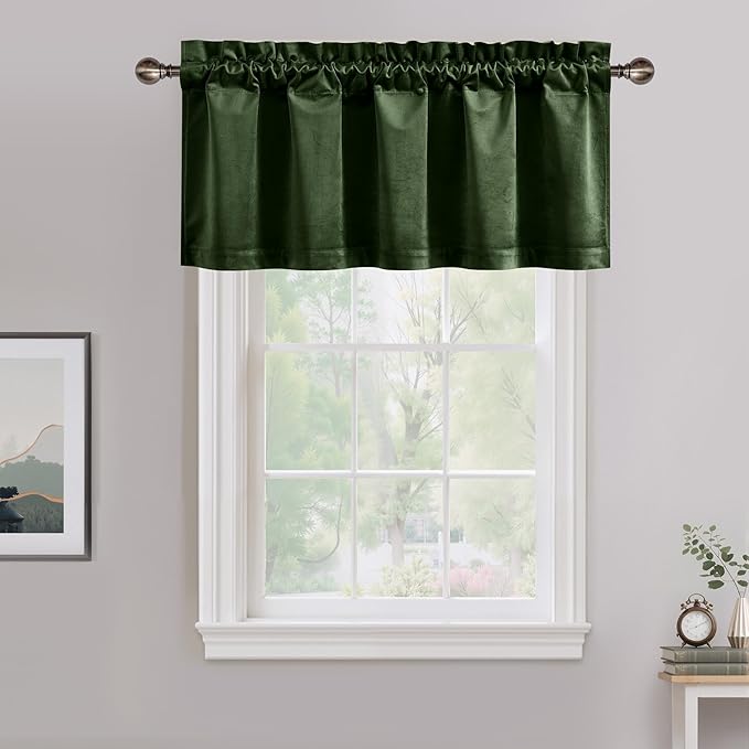 NICETOWN Velvet Cafe Windows Valance, Olive Green Window Treatment for Kitchen, Privacy Protection Home Decoration for Living Room, W52 x L16, 1 Panel
