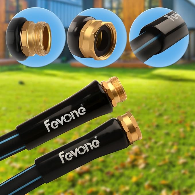 Fevone 100 ft Kink Free Garden Hose, All Weather Flexible, Heavy-Duty & Durable, Solid Brass Fittings, Leak-Free Connection