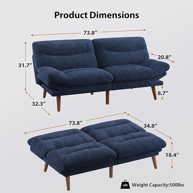 Pipishell Futon Sofa Bed, 66 Inch Corduroy Futon Couch Convertible with Adjustable Backrest and Armrests, Recliner Sleeper Sofa for Small Spaces, Living Room, Office, Guest Room (Blue, 66 Inch)