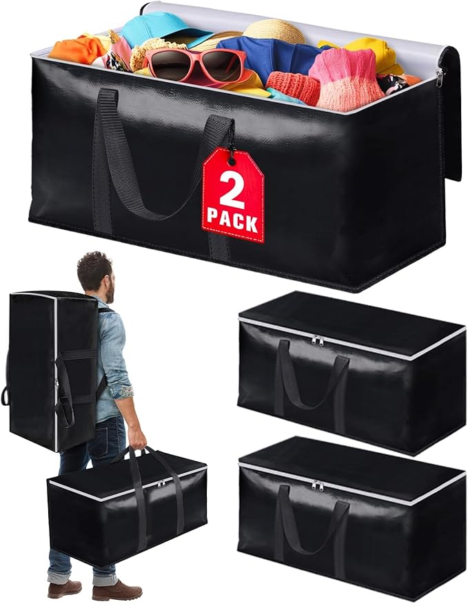 Heavy-Duty & Extra Capacity Moving Bags with Backpack Straps, Storage Totes with Double Zipper & Strong Handles, Packing Bags Alternative to Moving Boxes, Moving Supplies (2 Pack, Black)