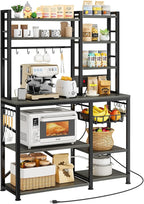 SNTD Baker Rack with Power Outlet - Microwave Stand with Storage, Large Coffee Bar Station with 14 Hooks, Metal Kitchen Shelf Rack for Spices, Pots (Rustic Grey)