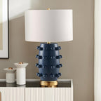 Henn&Hart 25.5'' Modern 1-Light Ceramic Table Lamp with Spherical Orbs on Lamp Body with White Fabric Drum Shade for Living Room, Bedroom, or Office, Matte Navy