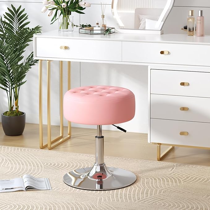 Furniliving Mid-Century Velvet Tufted Makeup Ottoman Stool, 360° Swivel Adjustable Vanity Stool Modern Big Size Vanity Chair Stools for Living Room Bedroom Bathroom, Pink