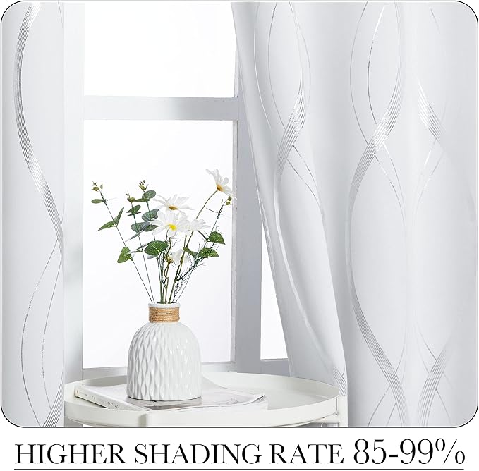 NICETOWN Greyish White Wave Line Printed Curtain 2 Panels Set for Cafe, 42 by 54, Room Darkening Window Treatment Thermal Insulated Grommet Top Drapes for Bedroom