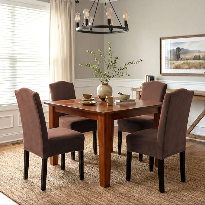 H.VERSAILTEX Velvet Dining Chair Covers Stretch Chair Covers for Dining Room Set of 6 Parson Chair Slipcovers Chair Protectors Covers Dining, Soft Thick Solid Velvet Fabric Washable, Caramel Cafe