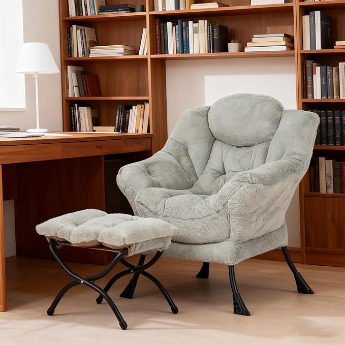 Welnow Lazy Chair with Ottoman, Modern Accent Chair with Armrests and a Side Pocket, Leisure Sofa Armchair, Reading Armchair with Footrest for Small Space, Plush Green