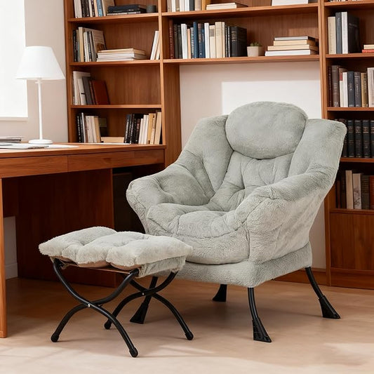 Welnow Lazy Chair with Ottoman, Modern Accent Chair with Armrests and a Side Pocket, Leisure Sofa Armchair, Reading Armchair with Footrest for Small Space, Plush Green