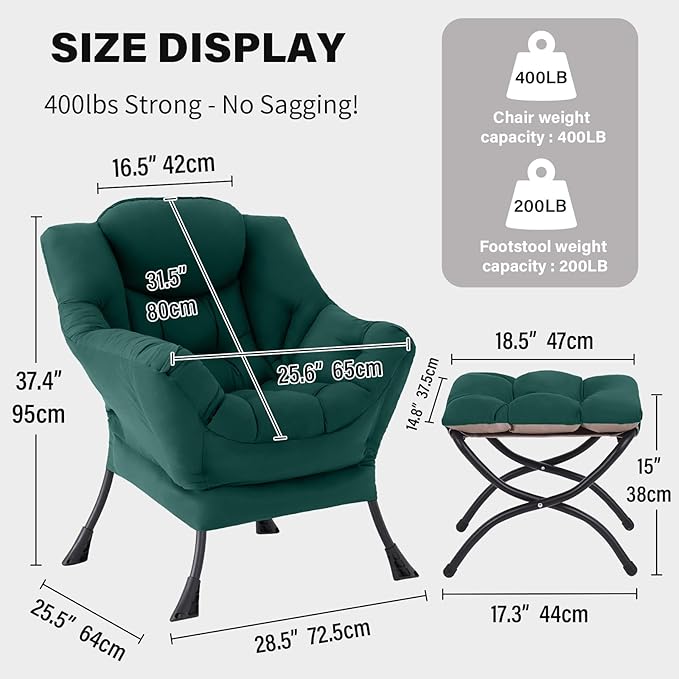 Tiita Lazy Chair with Ottoman, Green Modern Large Accent Chair, Comfy Leisure Sofa Armchair with Ottoman, Reading Chair with Footrest for Bedroom, Living Room, Dorm Rooms, Green