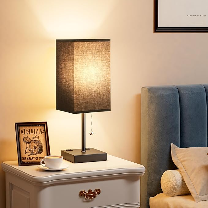 Black Medium Table Lamp with USB Ports - 3 Color Temperature Bedside Lamp for Bedroom, Pull Chain Control, USB A and C Ports, 2 AC Outlets, Bulb Included