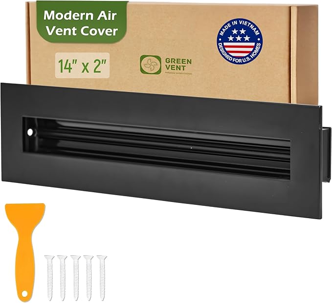 Modern Air Vent Cover 14x2 (Duct Opening) - Decorative Black Aluminum Linear Slot Diffuser for Wall, Ceiling, Floor Register - Quiet Operation HVAC Grille for Home with Adjustable Airflow
