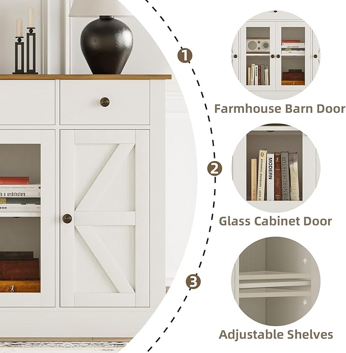 4 EVER WINNER 55" Buffet Cabinet with Storage, Farmhouse Coffee Bar Cabinet with Glass Doors and Drawers, Sideboard Cabinets with Adjustable Shelves for Living Room, Kitchen, White