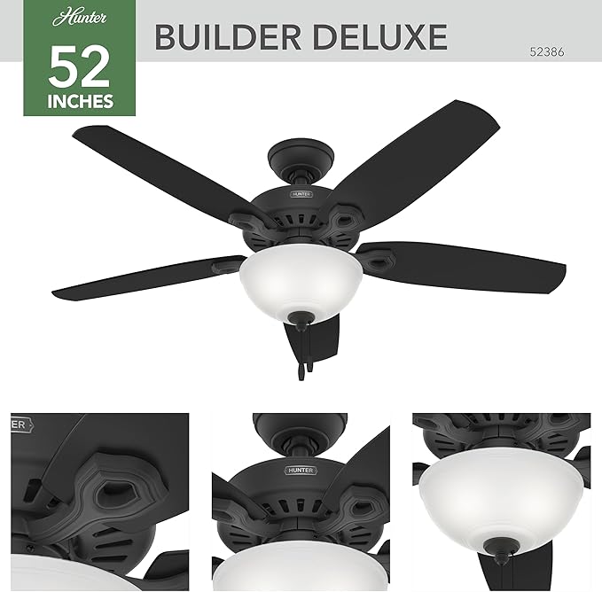 Hunter 52 inch Indoor Ceiling Fan with LED Light - Black Ceiling Fan with Pull Chain, For Bedroom or Living Room, Standard Mount, No Remote, 5 Blades, Includes Bulbs- Builder Deluxe 52386, Matte Black