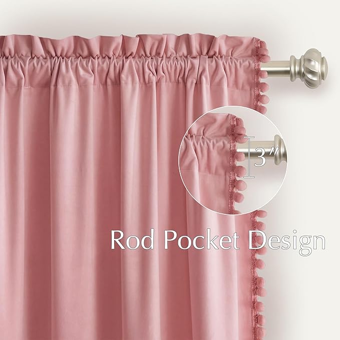 NICETOWN Blush Pink Short Velvet Curtains with Cute Pom-Pom Trim for Nursery 63 inch Long – Luxury Room Darkening Drapes Light Filtering Window Treatment for Girls, 52" W x 63" L, 2 Panels