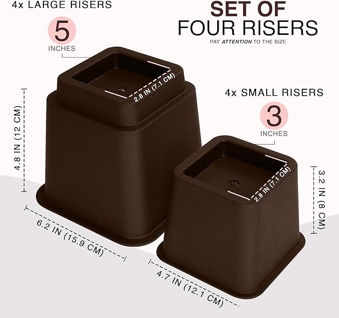 Utopia Bedding Bed Riser, 3 & 5 Inches Adjustable Furniture Risers for 8 Inch Combined Furniture Lift, Under Bed Storage & Dorm Room Essential, Supports Up to 1,300 lbs (4 Set, Brown)