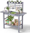 VEVOR Potting Bench Table, Outdoor Gardening Workstation with Sink, 37-55in Adjustable Wood Tabletop, Garden Work Station with Storage Shelves, Hooks for Patio, Backyard, Classic Grey