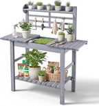 VEVOR Potting Bench Table, Outdoor Gardening Workstation with Sink, 37-55in Adjustable Wood Tabletop, Garden Work Station with Storage Shelves, Hooks for Patio, Backyard, Classic Grey