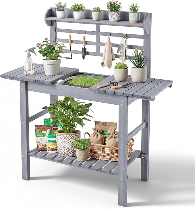 VEVOR Potting Bench Table, Outdoor Gardening Workstation with Sink, 37-55in Adjustable Wood Tabletop, Garden Work Station with Storage Shelves, Hooks for Patio, Backyard, Classic Grey