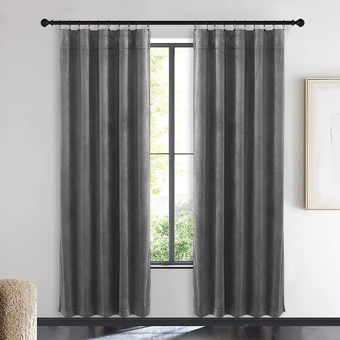 NICETOWN Living Room Grey Velvet Curtains, Sound and Sunlight Reducing Heavy Matt Rod Pocket Drapes/Panels for High Celling Wall (2 Panel Per Pack, 72 inches Long)