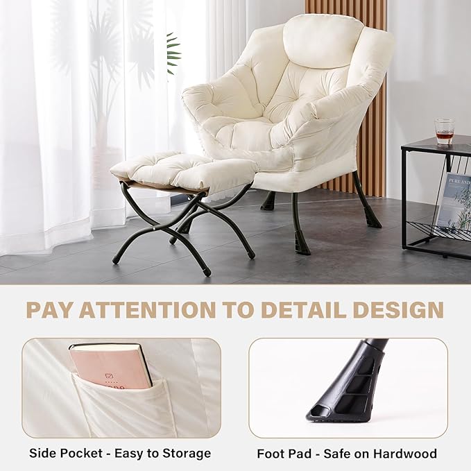 Tiita Lazy Chair with Ottoman, Beige Modern Large Accent Chair, Comfy Leisure Sofa Armchair with Ottoman, Reading Chair with Footrest for Bedroom, Living Room, Dorm Rooms, Velvet Beige