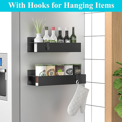 HuggieGems 2 Pack Magnetic Spice Storage Rack Organizer for Refrigerator and Oven, Matt Black Fridge Organizers and Storage