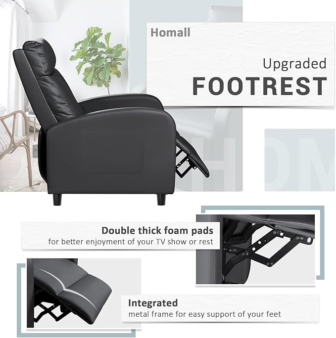 Homall Recliner Chair, Recliner Sofa for Adults, Recliners Home Theater Seating with Lumbar Support, Reclining Sofa Chair for Living Room (Leather, Dark Black)