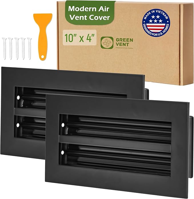 Modern Air Vent Cover 10x4 (Duct Opening), 2 Pack - Decorative Black Aluminum Linear Slot Diffuser for Wall, Ceiling, Floor - Quiet Operation HVAC Grille for Home with Adjustable Airflow