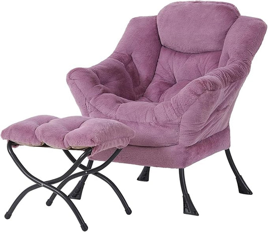 Welnow Lazy Chair with Ottoman, Modern Accent Chair with Armrests and a Side Pocket, Leisure Sofa Armchair Set, Reading Armchair with Footrest for Small Space, Plush Purple