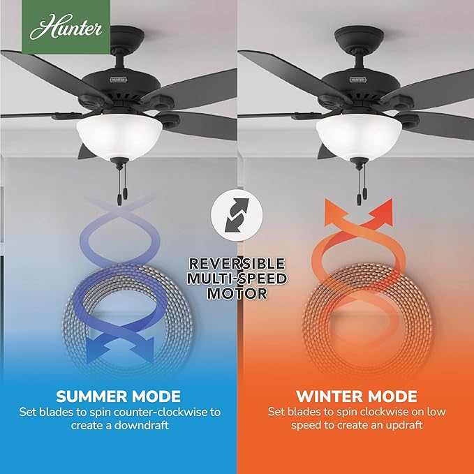 Hunter 52 inch Indoor Ceiling Fan with LED Light - Black Ceiling Fan with Pull Chain, For Bedroom or Living Room, Standard Mount, No Remote, 5 Blades, Includes Bulbs- Builder Deluxe 52386, Matte Black