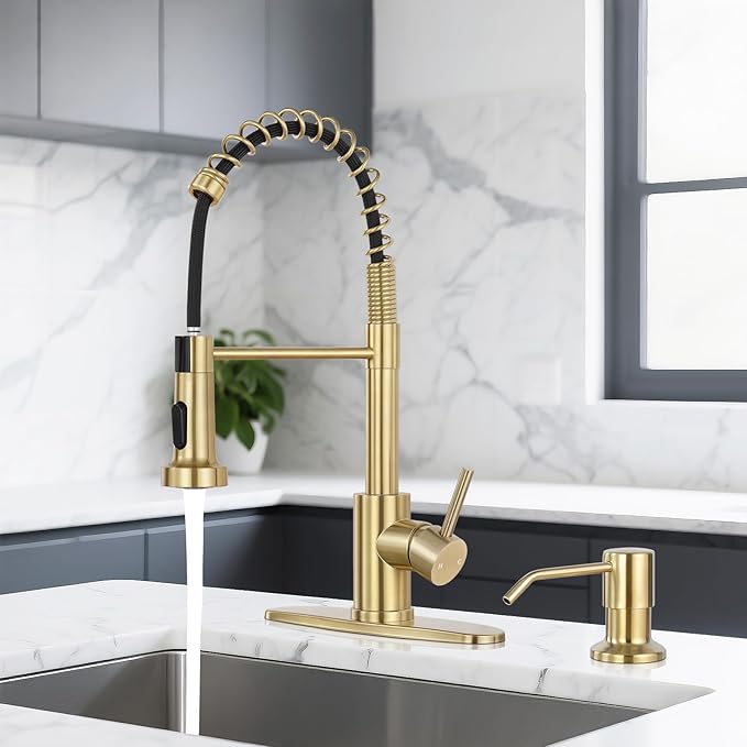 DJS Kitchen Faucets with Soap Dispenser - Dual Mode Setting Single Handle 1 or 3 Holes Commercial Black Kitchen Sink Faucet with Deck Plate for Farmhouse RV Vessel Basin (Brush Gold)