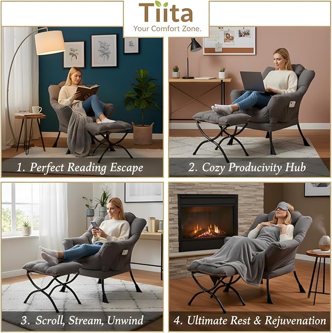 Tiita Lazy Chair with Ottoman, Gray Modern Large Accent Chair, Comfy Leisure Sofa Armchair with Ottoman, Reading Chair with Footrest for Bedroom, Living Room, Dorm Rooms, Garden Dark Grey