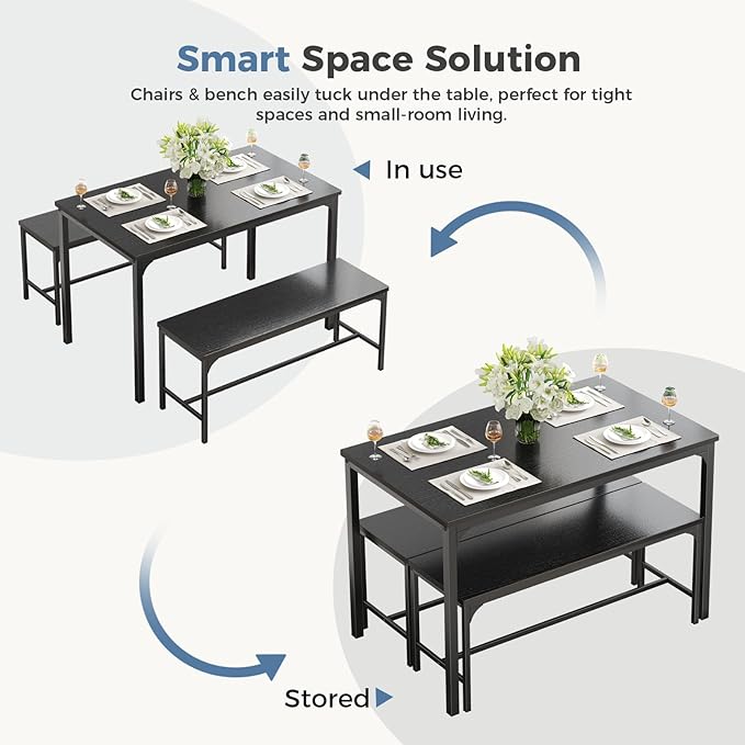 DUMOS Dining Table, Dining Table Set for 4 with Bench, Easy to Assemble Kitchen Table, Space-Saving Ideal 4-Person Set for Dining Room Kitchen Apartment Corner Black 3 Pack