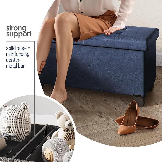Storage Ottoman Bench with Bins, 43-in Storage Bench for Bedroom End of Bed, Folding Foot Rest Ottoman for Living Room Max 660lbs, Leather Ottomans, Blue