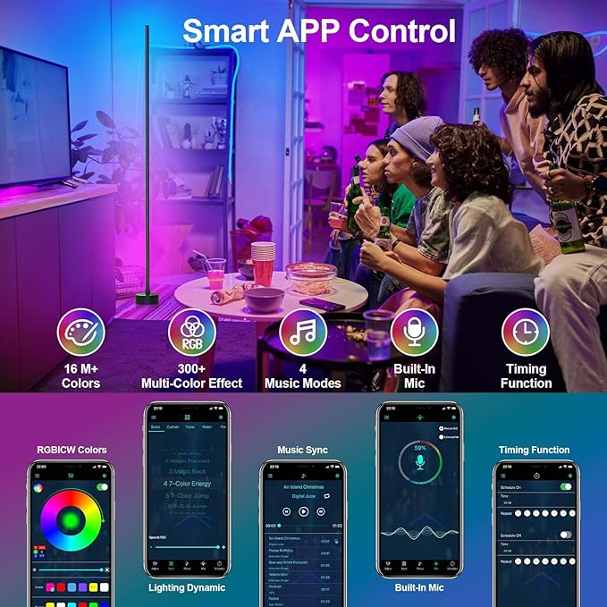 Corner Floor Lamp, 2 Pack LED Corner Lamp with App/Remote/Button Control, Smart RGB Floor Lamp with 16 Million DIY Colors & 68+ Scene, Music Sync for Living Room, Bedroom, Gaming Room
