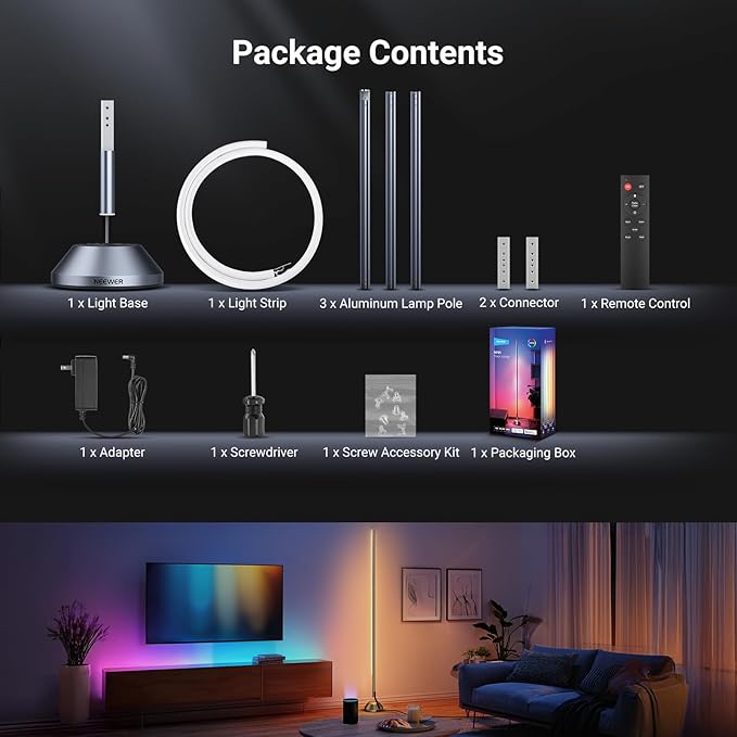 NEEWER NF01 Smart LED Floor Lamp,1500lm 16 Million Color RGBW Standing Corner Light, Compatible with Google Assistant Alexa, APP/AI Custom/Music Sync, Ambience Lighting for Living Bedroom Home Decor