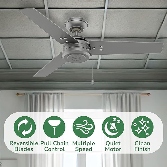Hunter 44 inch Outdoor or Indoor Ceiling Fan No Light - Ceiling Fan without Light, For Patio, Porch, Garage, or Living Room, Standard Mount, 3 Blades, Pull Chain - Cassius 50256, Matte Silver