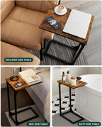 C-Shaped Side Table for Couch - Small Coffee Stand Sofa Tray Desk with Metal Frame and Waterproof Scratch Resistant, Modern End Accent for Living Room, Bedroom, Set of 2, Rustic Brown