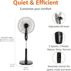 Amazon Basics 16" Pedestal Fan with Remote for Bedroom, Living Room, Office, Adjustable Height, Dual-Layered Blades, 3 Speeds, 3 Modes, Timer, Tilt Head, 60W, Black