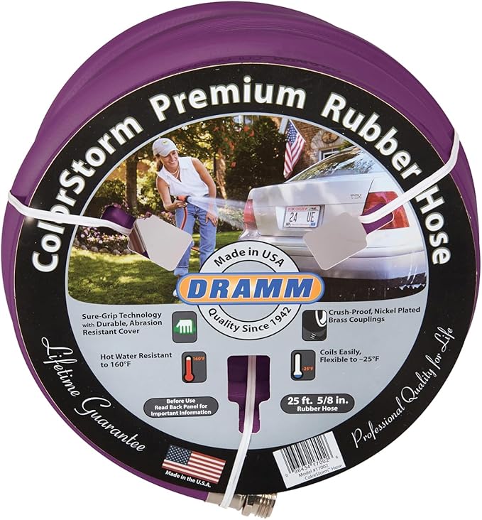 Dramm ColorStorm Premium Rubber Garden Hose, No Kink, Leak Proof Water Hose, Male Female Fittings, Made in USA, Hot & Cold Resistant, 518 Burst PSI, Berry, 5/8"x50'