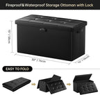 DocSafe Storage Ottoman Bench with Lock,Fireproof 30 Inches Folding Bench Foot Rest Stool Storage Chest Safe for Living Room,Bedroom,Home Office,Waterproof Leather Ottoman with Handles,Black