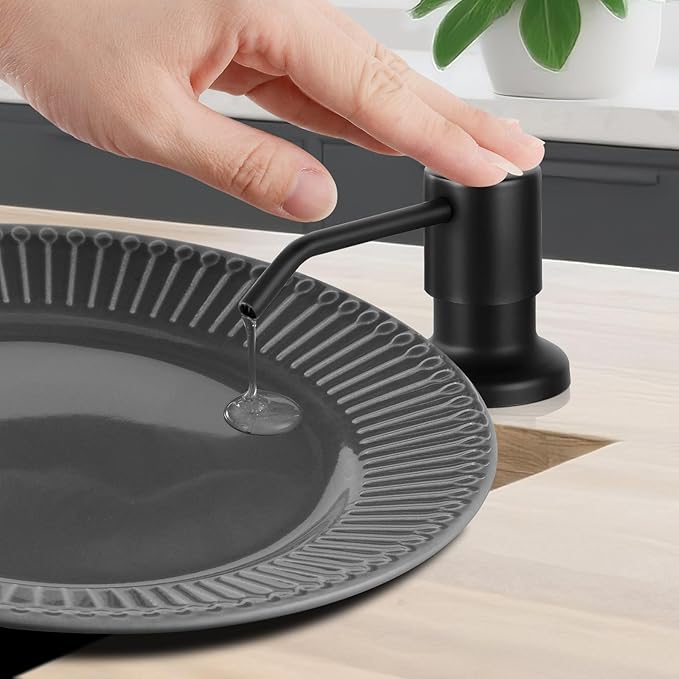 DJS Kitchen Faucets with Soap Dispenser High Arc Single Handle 1 or 3 Holes Spring Kitchen Sink Faucet with Deck Plate for Farmhouse RV Vessel Basin Matte Black