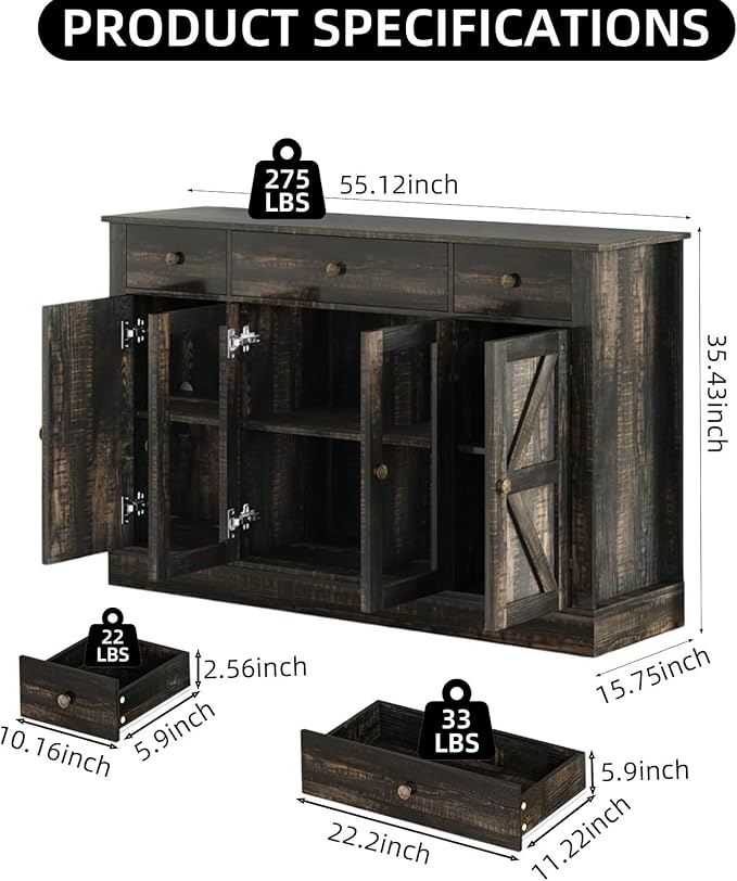 4 EVER WINNER 55" Coffee Bar with 4 Glass Doors and 3 Drawers, Sideboard Buffet Cabinet with Storage, Farmhouse Coffee Bar Cabinet with Adjustable Shelves for Kitchen, Dining Room, Rustic Oak
