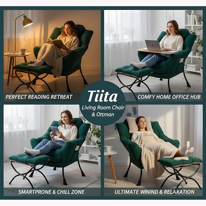 Tiita Lazy Chair with Ottoman, Green Modern Large Accent Chair, Comfy Leisure Sofa Armchair with Ottoman, Reading Chair with Footrest for Bedroom, Living Room, Dorm Rooms, Green
