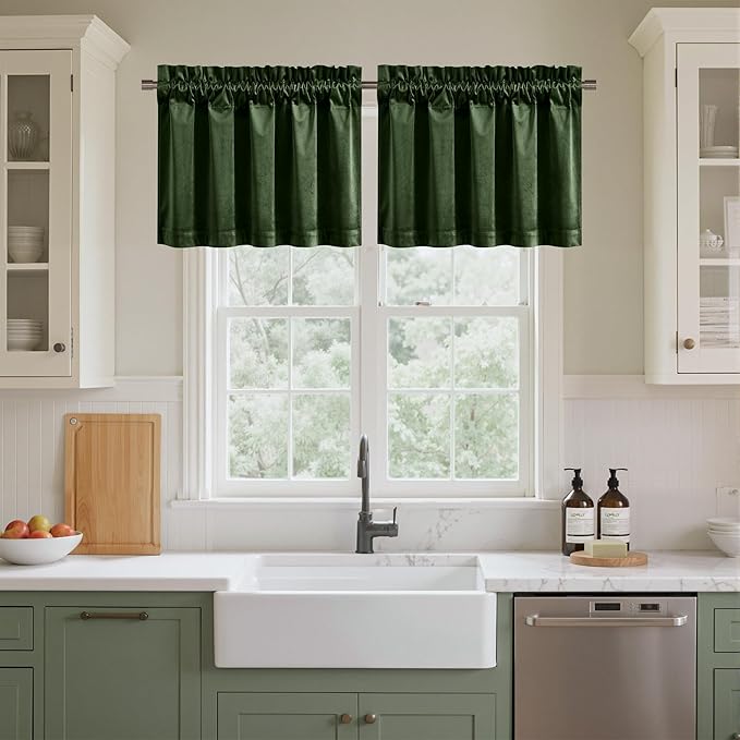 NICETOWN Velvet Cafe Windows Valance, Olive Green Window Treatment for Kitchen, Privacy Protection Home Decoration for Living Room, W52 x L16, 1 Panel