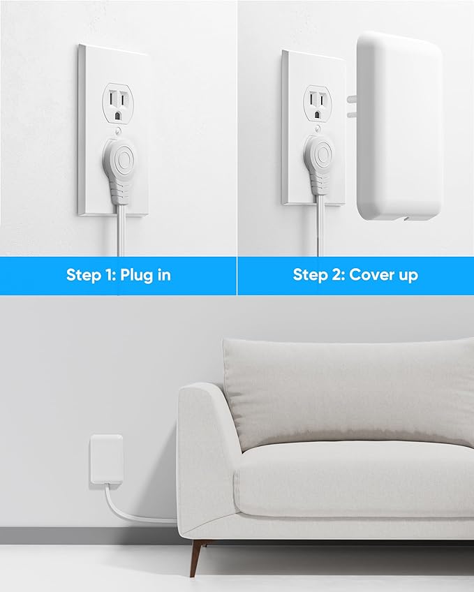 Flat Extension Cord with Outlet Cover, Flat Plug Power Strip with 6 Outlets and 3 USB Ports, 2000 Joules Surge Protector, 5 FT Cord Hidden Outlet Extender for Tight Spaces, White